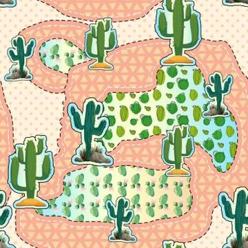 Seamless repeating cactus pattern with triangle shapes.Polka dots background. Stock Illustration