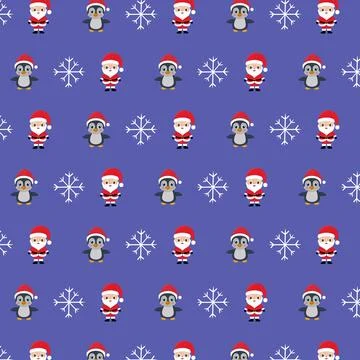 Seamless repeating New Year pattern of penguins, snowflakes and Santa Clauses Stock Illustration
