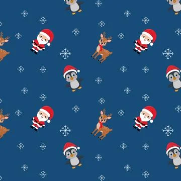 Seamless repeating New Year pattern of Santa Clauses, penguins, deer and sn.. Stock Illustration
