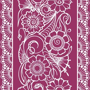 Seamless repeating oriental border, contour white floral pattern on a lilac Stock Illustration