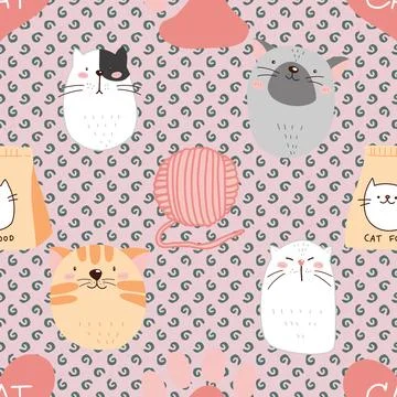 Seamless repeating pattern with adorable cute cats Stock Illustration
