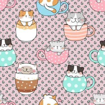 Seamless repeating pattern with adorable cute cats Stock Illustration
