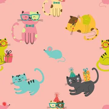 Seamless repeating pattern with adorable cute cats Stock Illustration