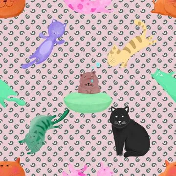 Seamless repeating pattern with adorable cute cats Stock Illustration