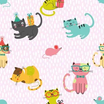 Seamless repeating pattern with adorable cute cats Stock Illustration