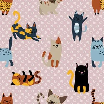 Seamless repeating pattern with adorable cute cats Stock Illustration