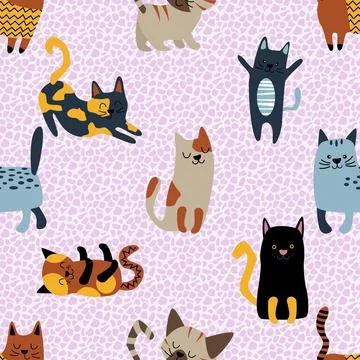 Seamless repeating pattern with adorable cute cats Stock Illustration