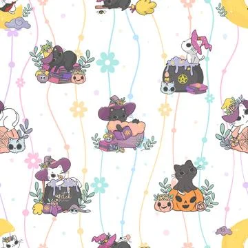 Seamless repeating pattern with adorable cute cats Stock Illustration