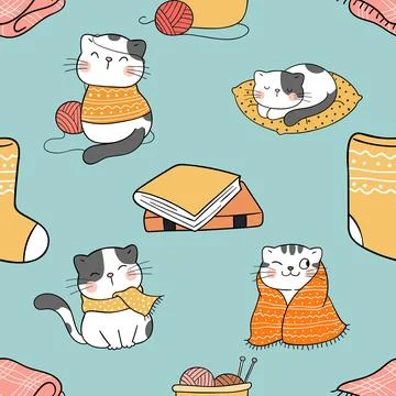 Seamless repeating pattern with adorable cute cats Stock Illustration
