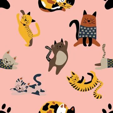 Seamless repeating pattern with adorable cute cats Stock Illustration