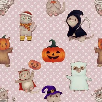 Seamless repeating pattern with adorable cute cats Stock Illustration