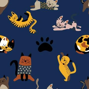 Seamless repeating pattern with adorable cute cats Stock Illustration