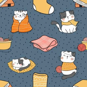 Seamless repeating pattern with adorable cute cats Stock Illustration