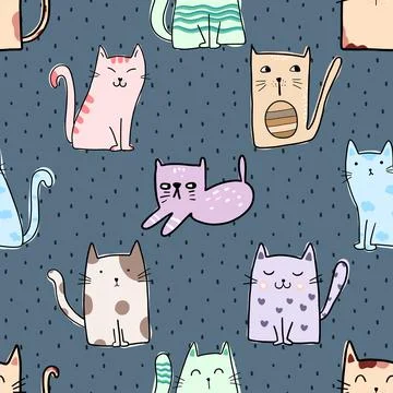 Seamless repeating pattern with adorable cute cats Stock Illustration
