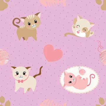 Seamless repeating pattern with adorable cute cats Stock Illustration