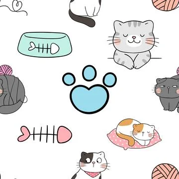 Seamless repeating pattern with adorable cute cats Stock Illustration