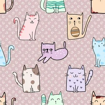Seamless repeating pattern with adorable cute cats Stock Illustration