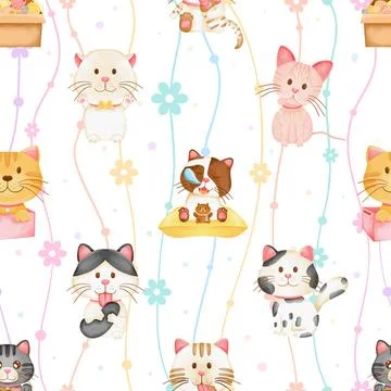 Seamless repeating pattern with adorable cute cats Stock Illustration