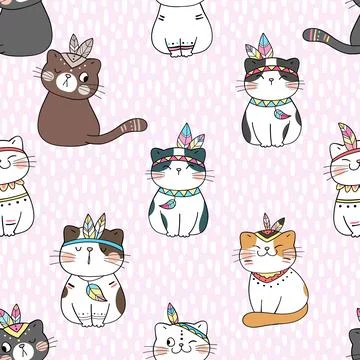 Seamless repeating pattern with adorable cute cats Stock Illustration