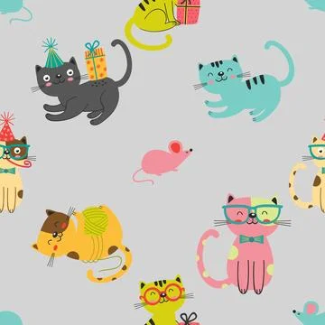 Seamless repeating pattern with adorable cutie cats Stock Illustration