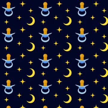 Seamless repeating pattern of baby pacifiers with stars and crescent. Stock Illustration