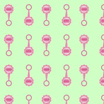 Seamless repeating pattern of baby pink rattles. Stock Illustration