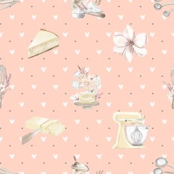 Seamless repeating pattern baked with love bakery Stock Illustration