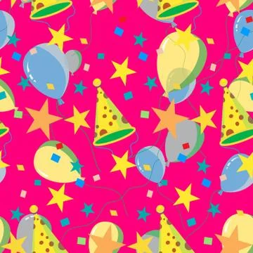 Seamless repeating pattern of balloons, caps, confetti Stockillustratie