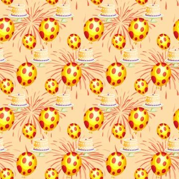 Seamless repeating pattern with balls, cake and firework Stockillustratie