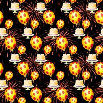 Seamless repeating pattern with balls, cake and firework Stock Illustration