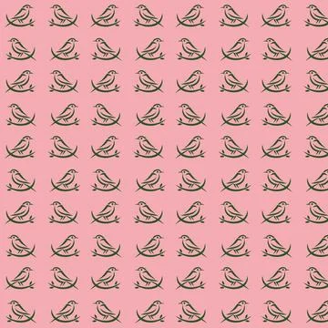 Seamless repeating pattern of birds on a green branch. Illustrazione stock