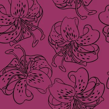 Seamless repeating pattern of black contour flowers of lilies on a purple Stock Illustration