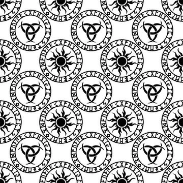 Seamless repeating pattern of black round scandinavian symbols on white Stock Illustration
