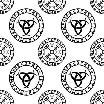 Seamless repeating pattern of black round scandinavian symbols on white Illustrazione stock