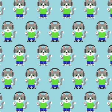 Seamless repeating pattern of cats wearing headphones Stock Illustration