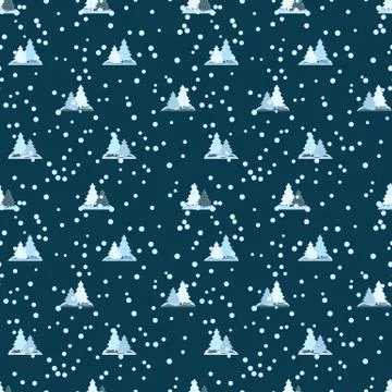Seamless repeating pattern of Christmas trees and falling snow Stock Illustration