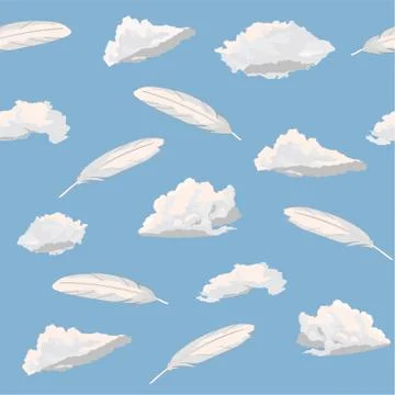 Seamless repeating pattern of clouds and feathers Stock Illustration