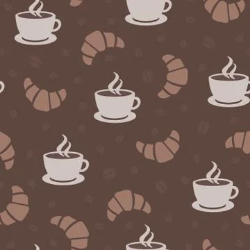 Seamless repeating pattern of coffe cups and croissants Illustrazione stock