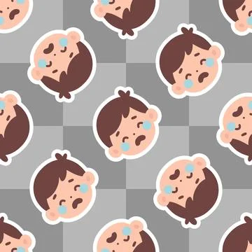 Seamless Repeating Pattern of Crying Boy Emoticon Faces on a Grey Checkerboar Illustrazione stock
