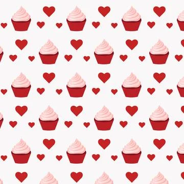 Seamless repeating pattern of cupcakes with hearts for Valentine's day. Stock Illustration