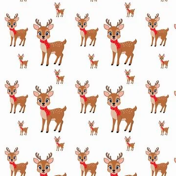 Seamless repeating pattern of deer in red scarf. Stock Illustration