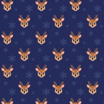 Seamless repeating pattern of deer with snowflakes. Stock Illustration