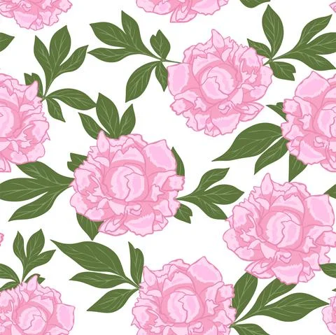 Seamless repeating pattern with delicate pink peonies. Large garden flowers. 库存插图