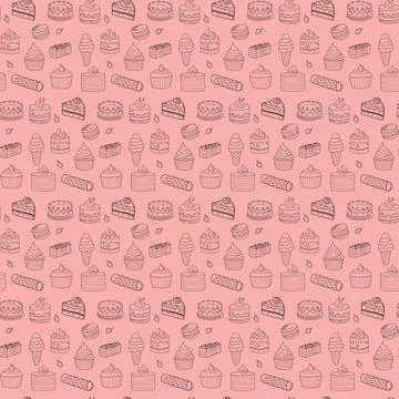 Seamless repeating pattern of different types of sweets in doodle style. Stock Illustration