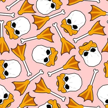 Seamless repeating pattern featuring cartoon duck skulls with sunglasses, m.. Stock Illustration