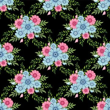 Seamless repeating pattern featuring stylized pink and blue flowers Stock Illustration