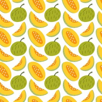 Seamless repeating pattern featuring whole and sliced melons on a white backg Stock Illustration