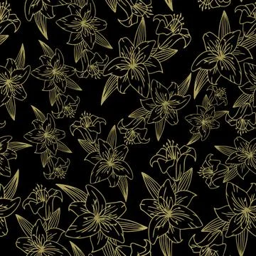 Seamless repeating pattern of golden contour flowers of lilies on a black Stock Illustration