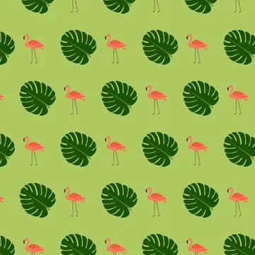 Seamless repeating pattern of green tropical leaves and flamingos. Stock Illustration