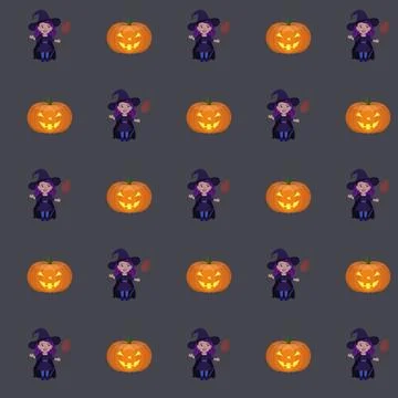 Seamless repeating pattern of Halloween witches and pumpkins. Stock Illustration
